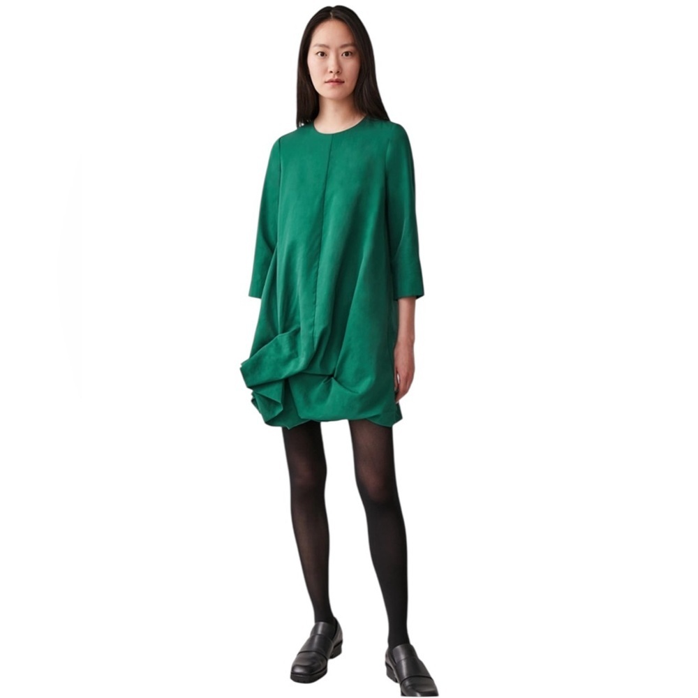 Cos long sleeve gathered hem dress in green minimalist party holidays